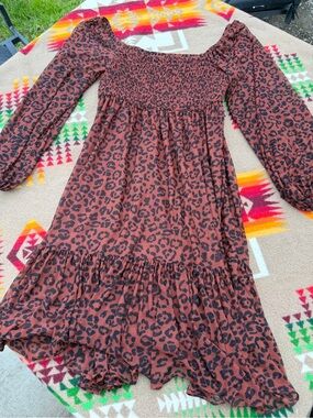 Just...Taylor Rust and Black Smocked Leopard Print Dress